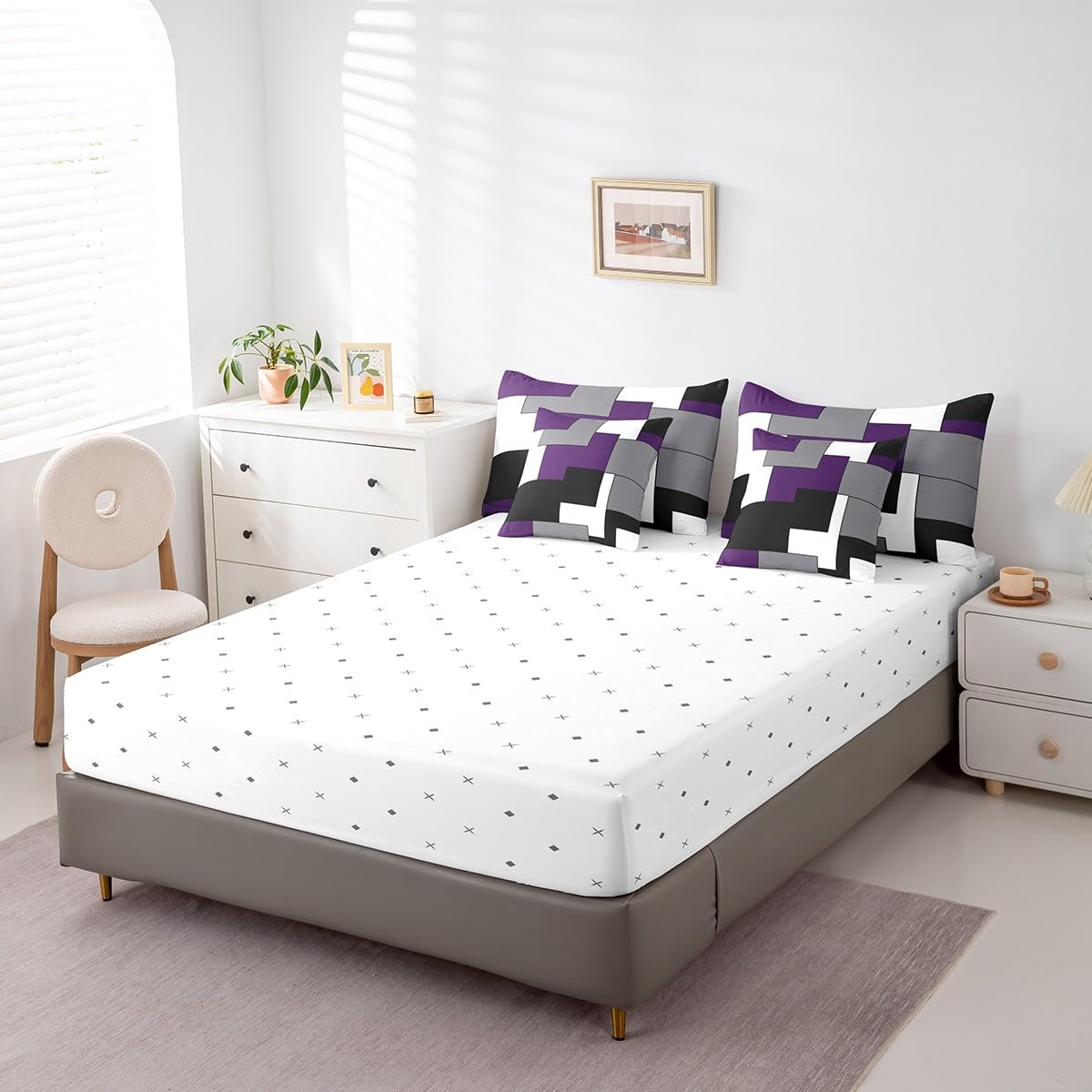 Erosebridal 7 Pcs Geometric Comforter Set Twin Size,Square Bed in a Bag with Flat Fitted Sheet for Kids and Adults,Purple Black White Abstract Art Bedding Set with Pillowcases and Cushion Cases