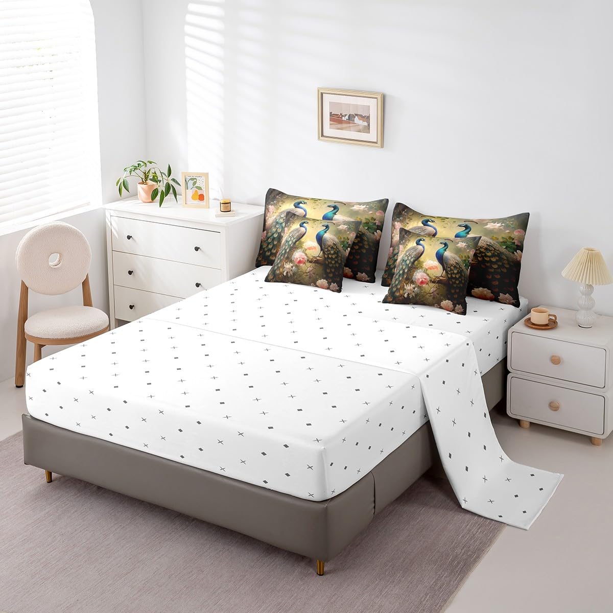 Erosebridal Chic Peacock Full Bedding Sets 7-Piece 3D Jungle Peacock Printed Comforter Set Wild Animal Comforter Set with Sheets Chic Pink Floral Bed in A Bag Dark Gold Bed Sheets Set,for All Season