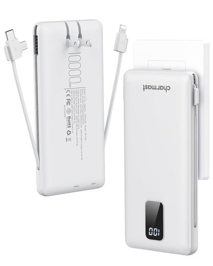 charmast Portable Charger with Built-in Cables and Plug, 10000mAh USB C Power Bank Fast Charging, External Battery Pack Slim, Travel Essentials Compatible with iPhones, Samsung Galaxy, iPad