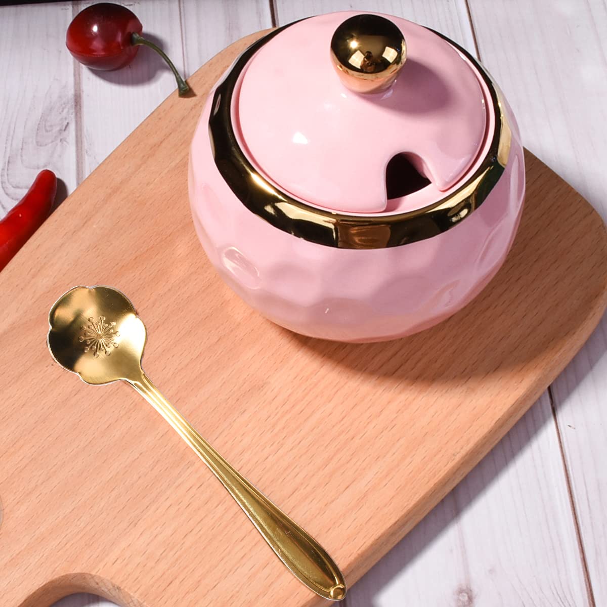 BOSILI Ceramic Sugar Bowl with Spoon Golf Shaped Ceramic Salt Container with Lid for Home and Kitchen (Pink)