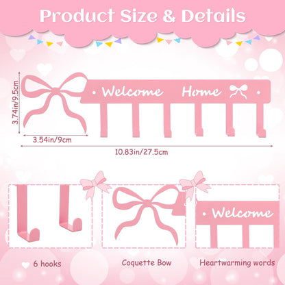Novabright Pink Bow Welcome Home Key Hook for Wall Pink Bathroom Decor Cute Bow Towel Hooks Coquette Welcome Home Sign Key Holder Wall Mounted Racks 6 Coat Hanger for Bedroom Kitchen Entryway