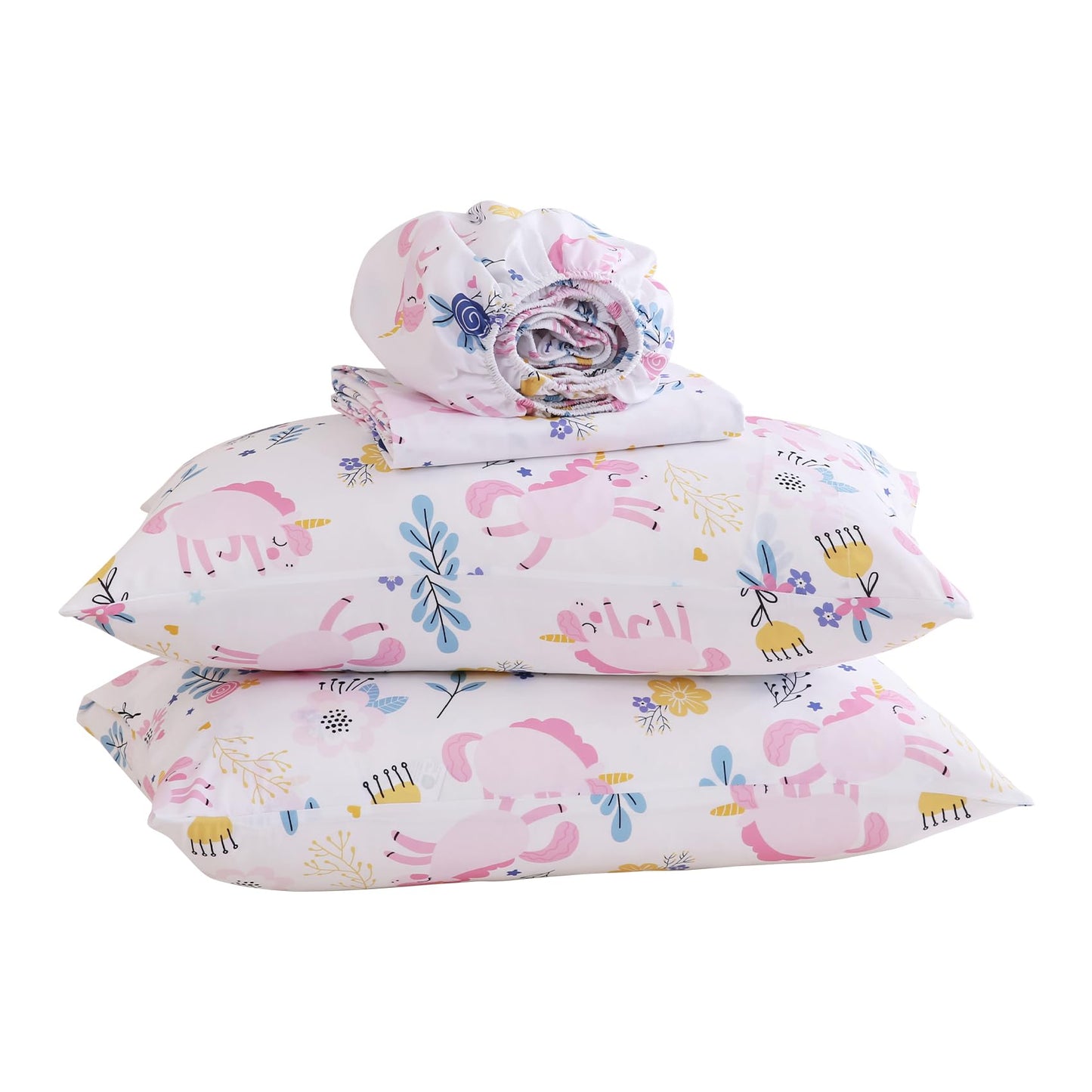 Yibeizi Unicorn Sheet Set for Girls Full, Kids Boho Floral Print Bedsheets Microfiber Deep Pocket Cute Patterned Bed Sheet & Pillowcase Sets 4 Pieces