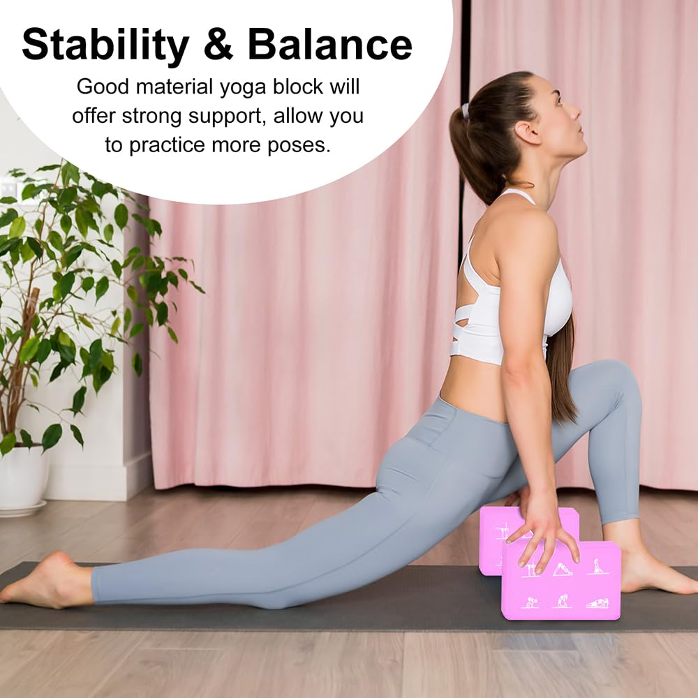 2 Yoga Block and Yoga Strap Set, FHDUSRYO High Density EVA Foam Blocks, Non-slip Yoga Bricks with 6ft Strap, Supportive Latex-Free Yoga Block Kit to Improve Balance and Flexibility (Pink, 9×6×3")