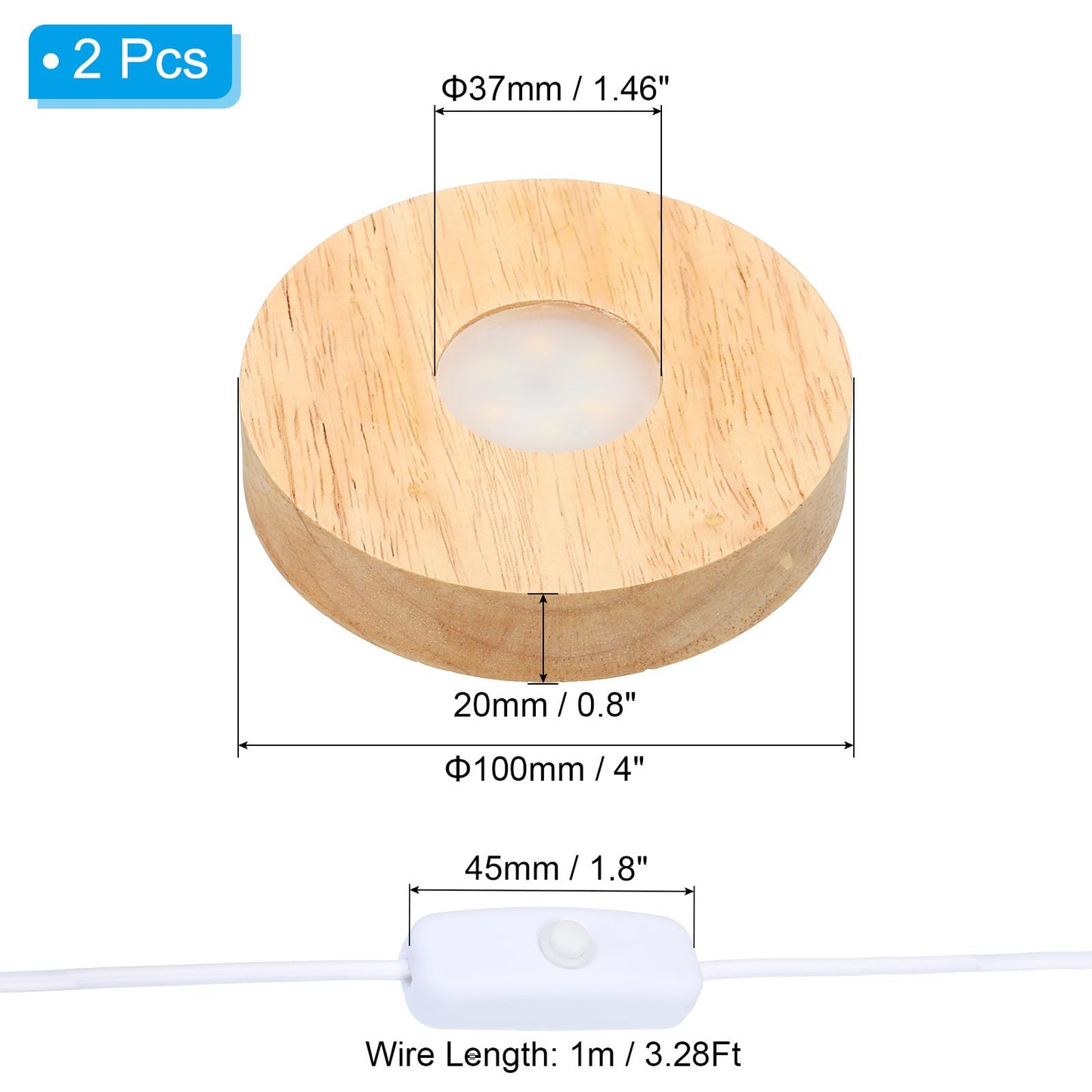 PATIKIL 4 Inch Wooden LED Light Base, 2pcs Wood Light Display Base Stand Lighting with Switch for 3D Crystal Glass Aroma Stone Art, Warm White Light, 5V DC