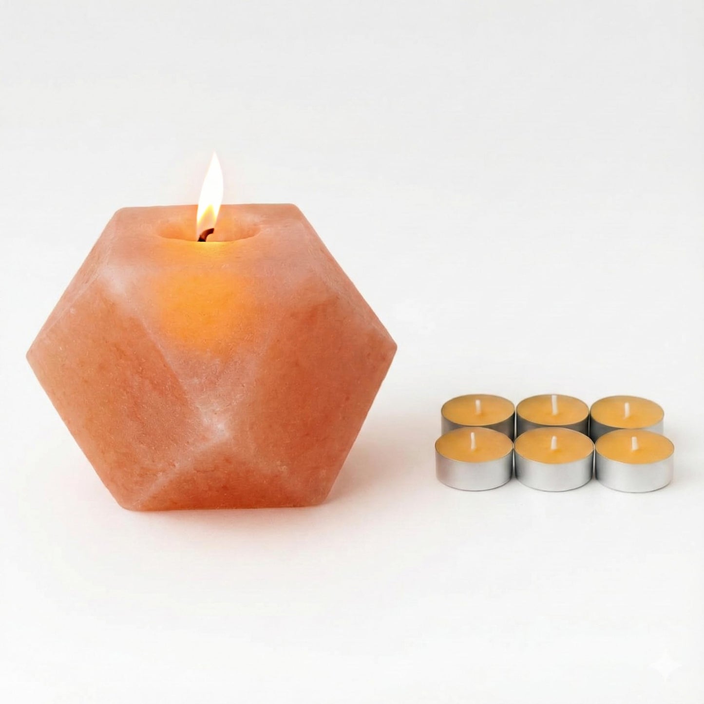 Himalayan Natural Salt Candle Holder – Premium Diamond Design, Hand-Carved Crystal, Includes 6 Tea Light Candles, Nice Glow for Home Décor, Meditation, Spa & Gifts