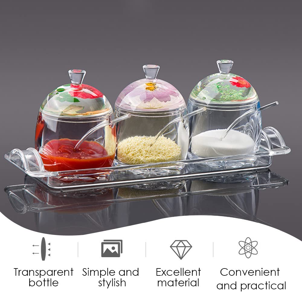 TINMIX Clear Seasoning Box - 3PCS Acrylic Condiment Pots for Salt Sugar Herbs, Spice Jar Containers with Base, Lids and Spoons