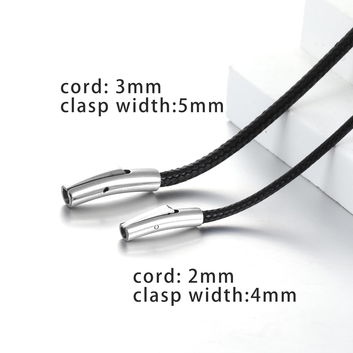 SKQIR 2mm Black Waterproof Braided Leather Cord Necklace with Durable Stainless Steel Snap Clasp Men Women Woven Wax String Rope Chain for DIY Pendant Length 22"