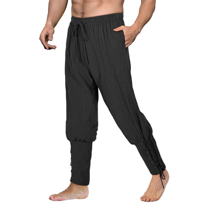 Teyujosem Men's Pirate Pants Renaissance Medieval Viking Pants Linen Ankle Banded Trousers Halloween Costume(Z3707BK,2XL)