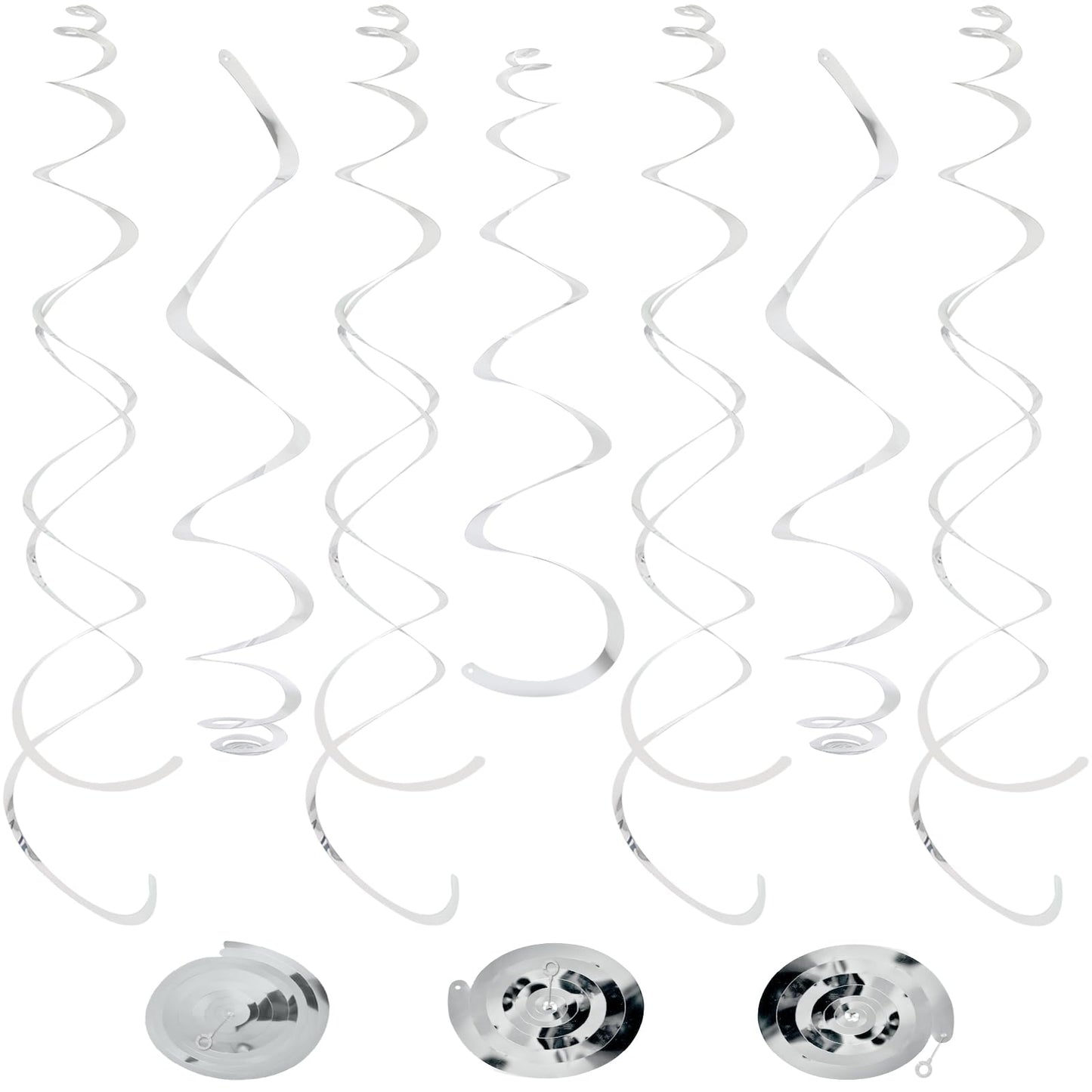 24 PCS Silver Foil Hanging Swirl, Sparkle Ceiling Hanging Decorations, Plastic Streamer Party Decorations, Swirl Decorations with Double-Swirls and Single-Swirls for Birthday, Baby Shower, New Years