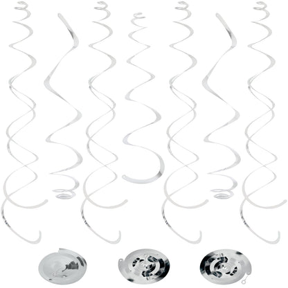 24 PCS Silver Foil Hanging Swirl, Sparkle Ceiling Hanging Decorations, Plastic Streamer Party Decorations, Swirl Decorations with Double-Swirls and Single-Swirls for Birthday, Baby Shower, New Years