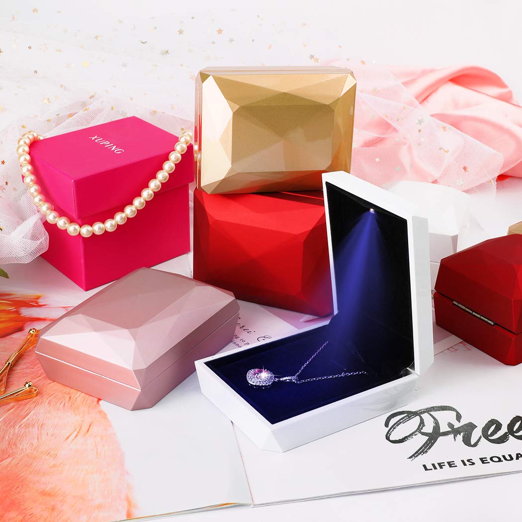 iSuperb LED Pendant Necklace Box Bracelet Box Couple Jewelry Gift Boxes Case Small Jewelry Display for Proposal Engagement Wedding (Pink)