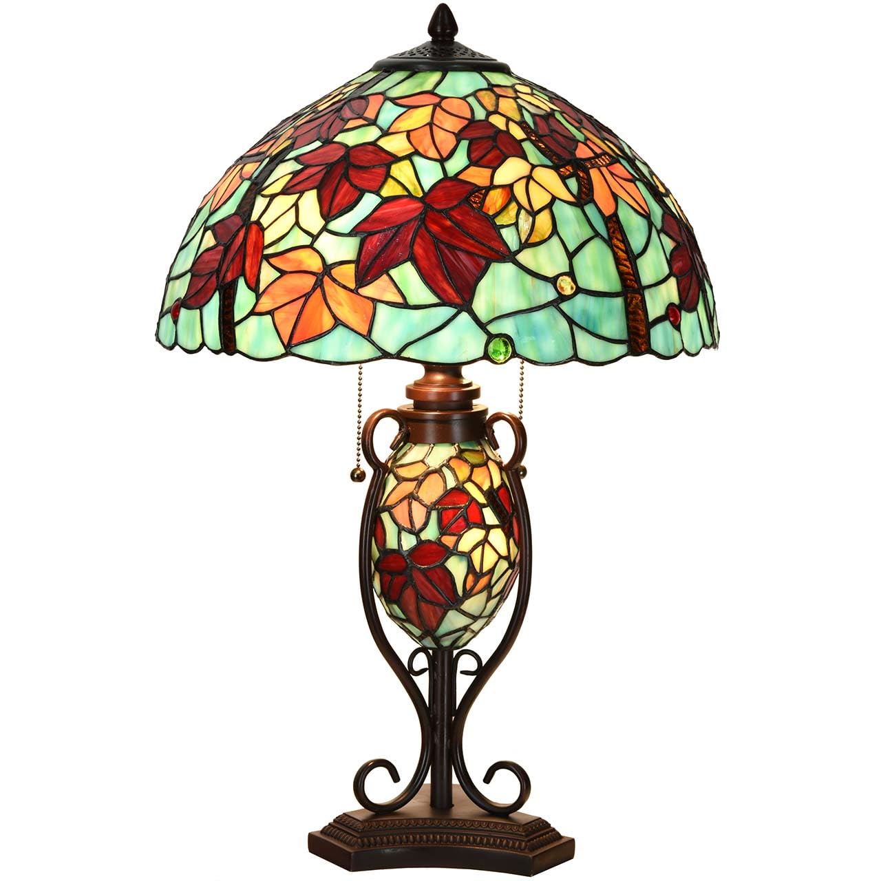 Bieye L10883 Tiffany Style Stained Glass Table Lamp Double Lit for Home Decor 16Wx24H (Maple Leaves)