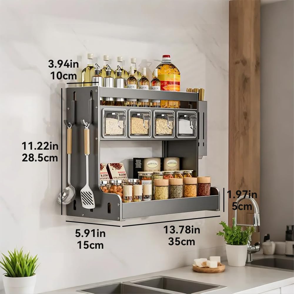 ANQIA Kitchen Seasoning Shelf Spice Rack Wall Mount with Hooks and Utensil Holder Hanging Seasoning Box Shelf Seasoning Jar Organizer for Sugar Salt Pepper Oil Bottle (4 Boxes)