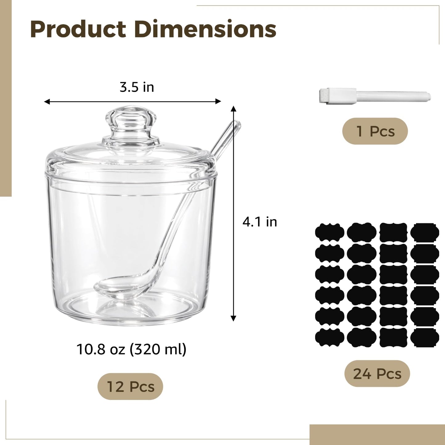 Homaisson 12 PCS Ice Cream Topping Containers with Lids - 10.8 oz Clear Sugar Bowl for Countertop with Lid and Spoon, 320 ml Canisters with 24 Labels & Pen for Coffee Tea Tea Spice
