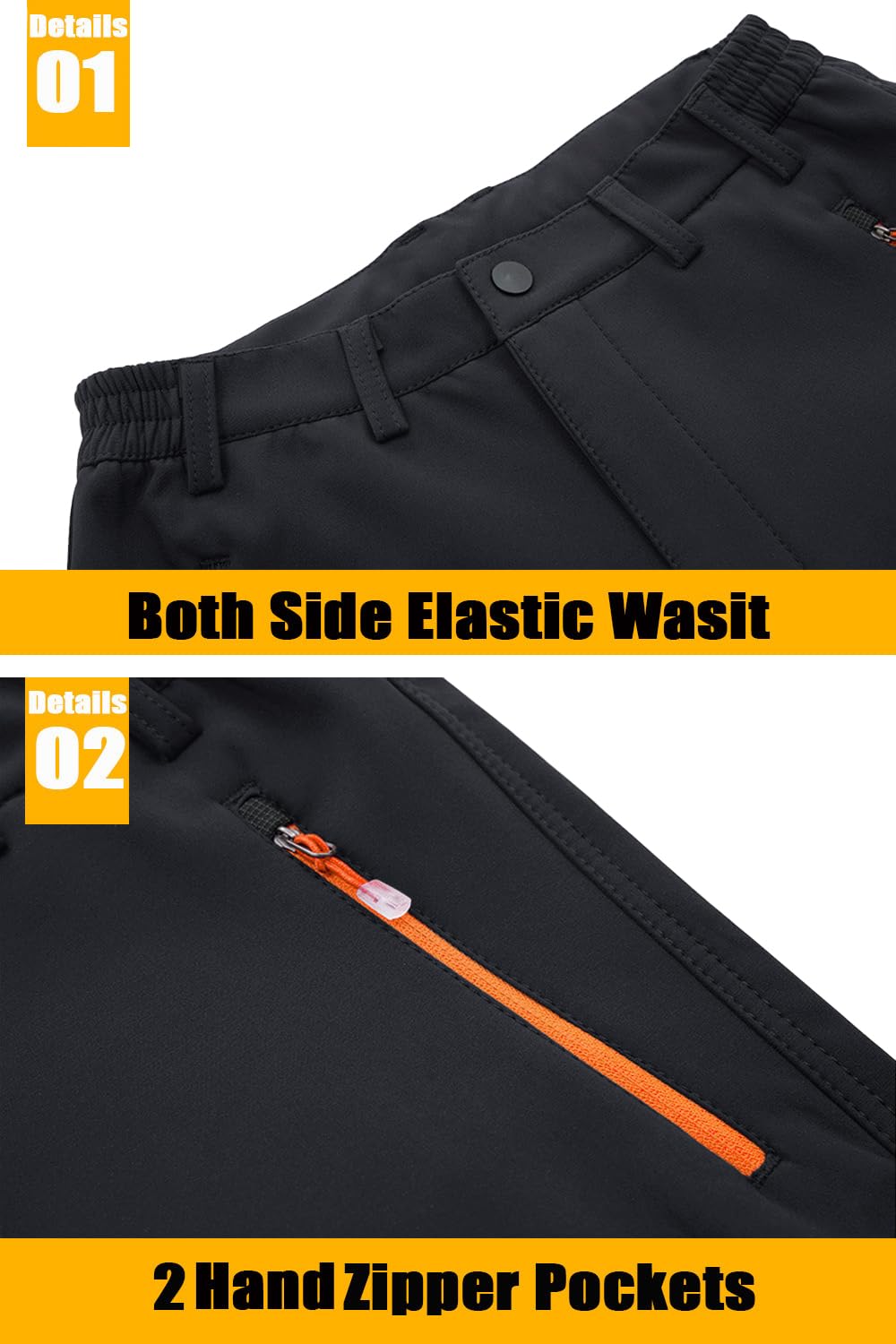 TACVASEN Winter Trousers - Men's Softshell Waterproof Thermal Fleece Hiking Pants, Thick - Black, 34