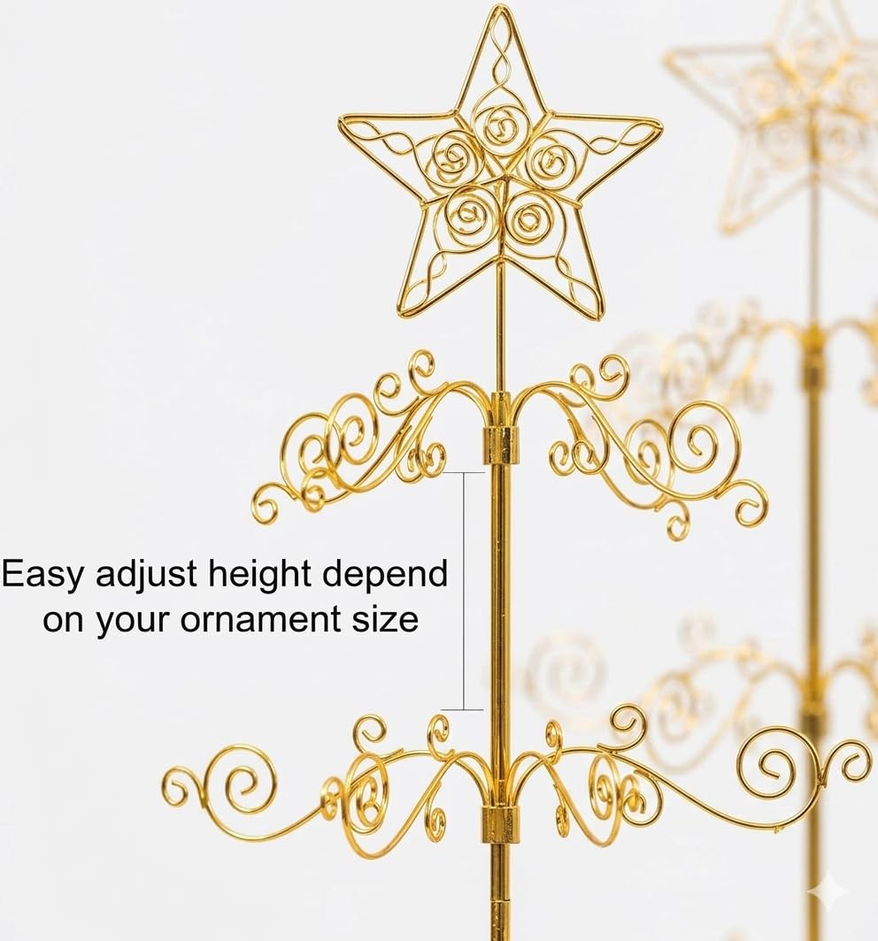HOHIYA 24” Rotating Ornament Display Tree Stand 36 Hooks Metal Tabletop Display Rack for Christmas Ornaments Halloween Decor Craft Show Display Heavy Duty Brass Gold