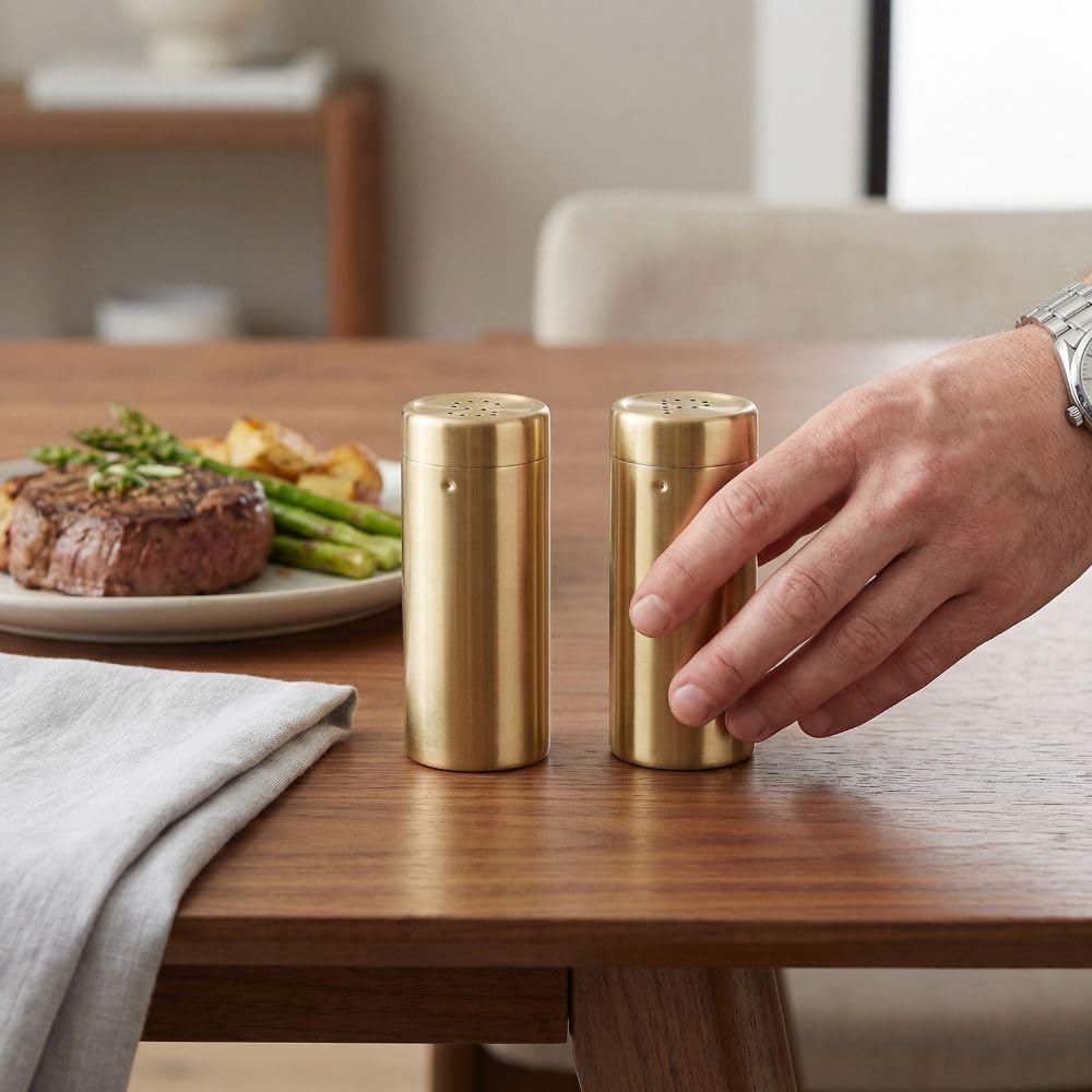 MOPFOL 2Pcs Stainless Steel Seasoning Jars - Golden Kitchen Salt and Sugar Shakers with Dispensing Control, Refillable Seasoning Bottles