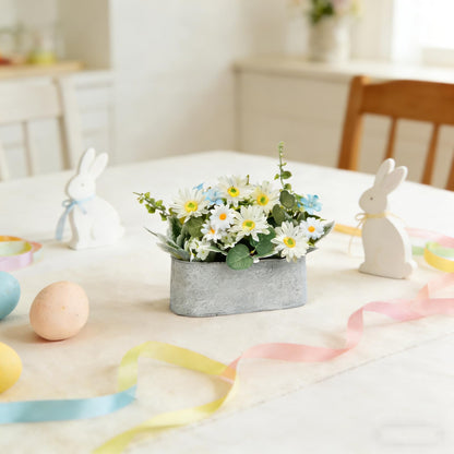 ZKIEIRE Floral Centerpieces for Tables, 12 Inch Small Artificial Flowers in Metal Pot with White Daisy Arrangement, Farmhouse Fake Potted Faux Plant for Spring Summer All Season Indoor Outdoor Decor