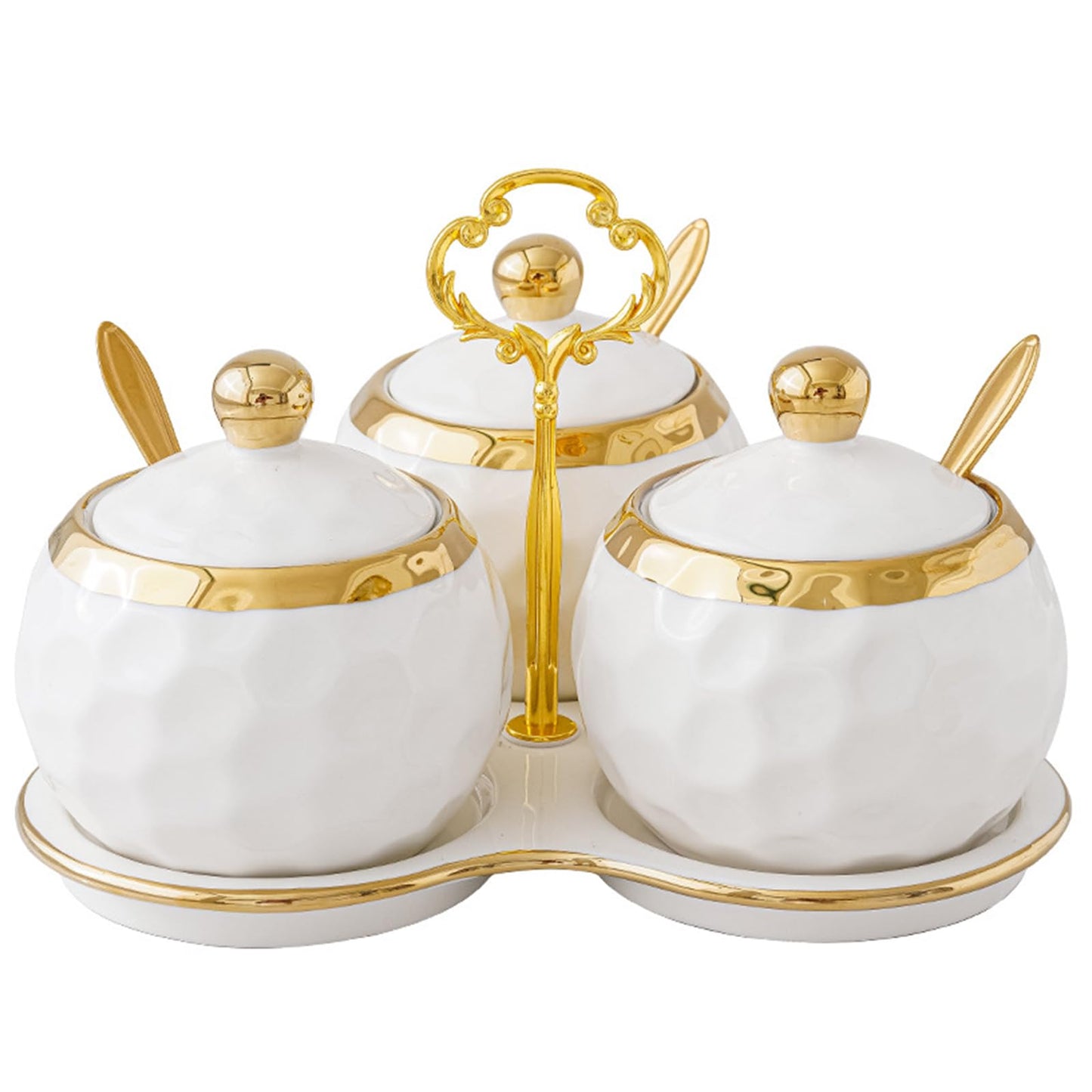 YMYL Set of 3 Porcelain Condiment Pot Sugar Bowl with Lid, Spoon and Tray, Modern Ceramic Seasoning Jars Salt Container for Home Kitchen, Restaurant, Coffee Bar (White)