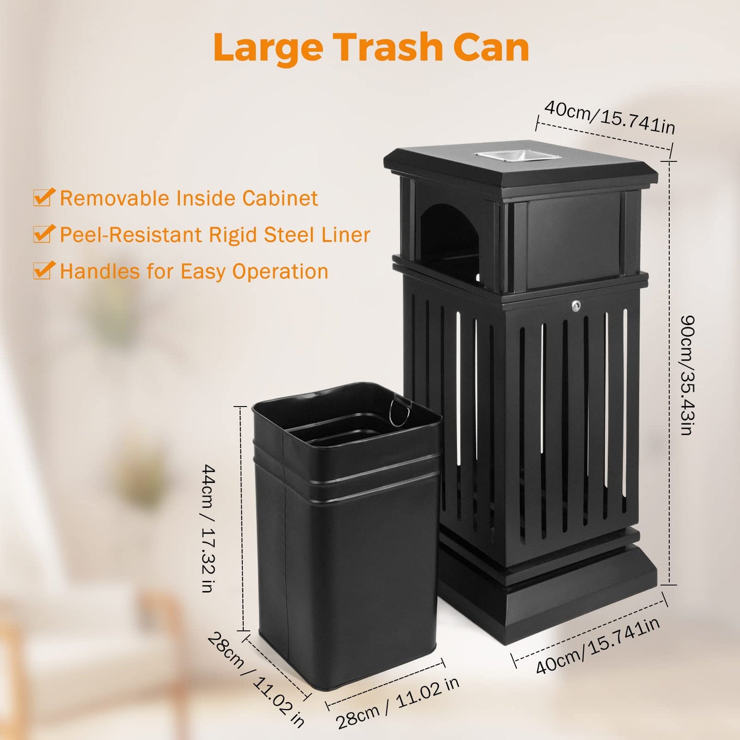 BEAMNOVA Black 17.7 * 37.4 + Matte Black 15.8 * 35.5 Trash Can Outdoor Top Tray Black Stainless Steel Commercial Garbage Enclosure with Locking Lid