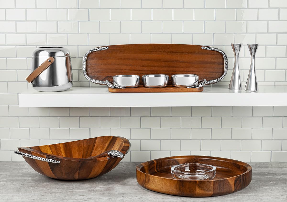 Nambe Braid Condiment Trio, Designed by Sean O’Hara – Square Alloy Bowls with Acacia Wood Serving Tray & Chrome Handles – Appetizer, Dip & Snack Server, Modern Scandinavian Design