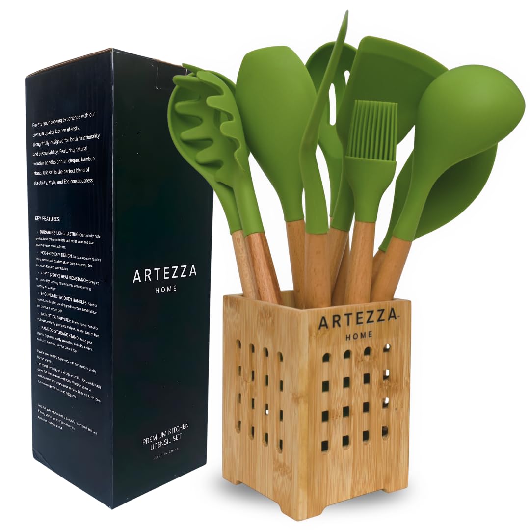 Green Silicone Kitchen Utensil Set – 10-Piece Cooking Tools with Wooden Handles & Ventilated Bamboo Holder, Heat-Resistant Silicone, Nonstick Safe, BPA-Free Kitchen Gadgets Set – Sage Green