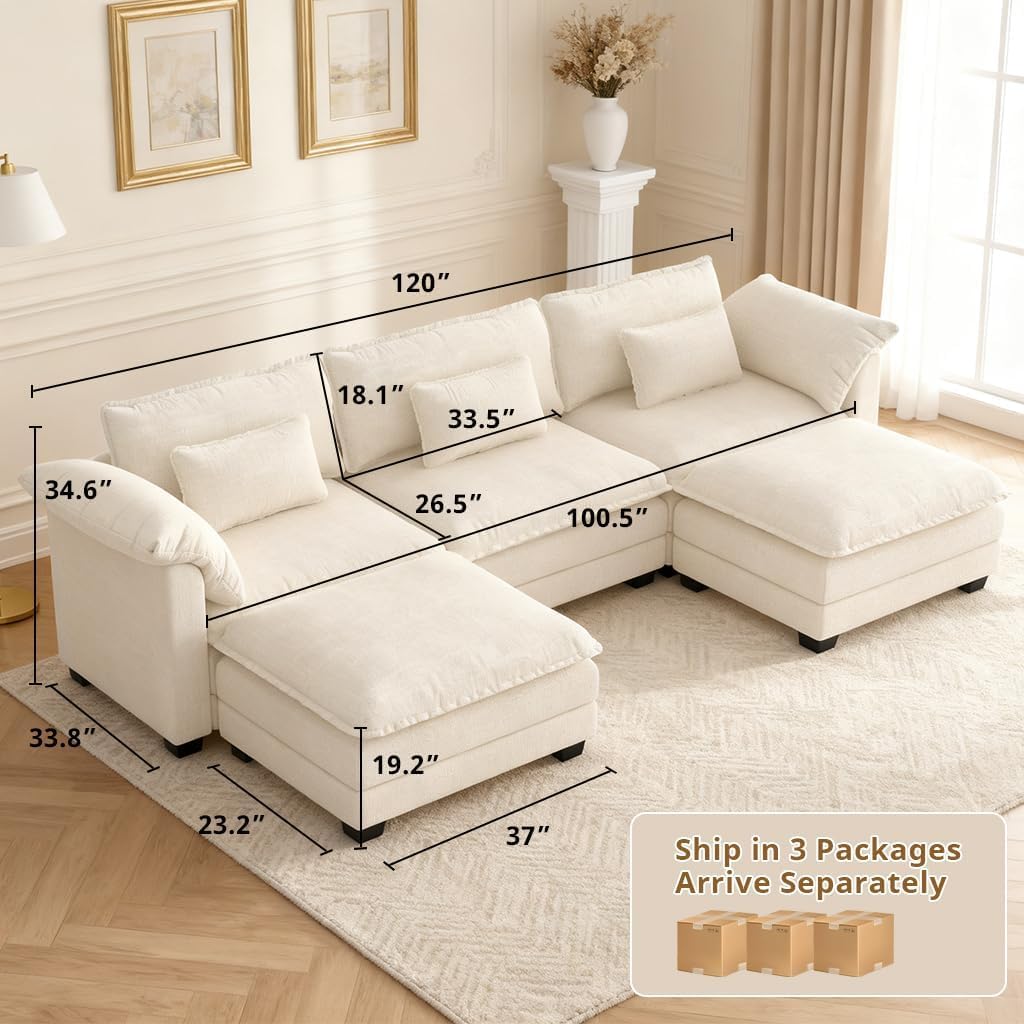 COMHOMA 120" U Shaped Sectional Sofa with Movable 2 Ottomans,Comfy Cloud Modular Couch with Throw Pillows,Modern Chenille Deep Seat Sofa Couches for Living Room,Beige