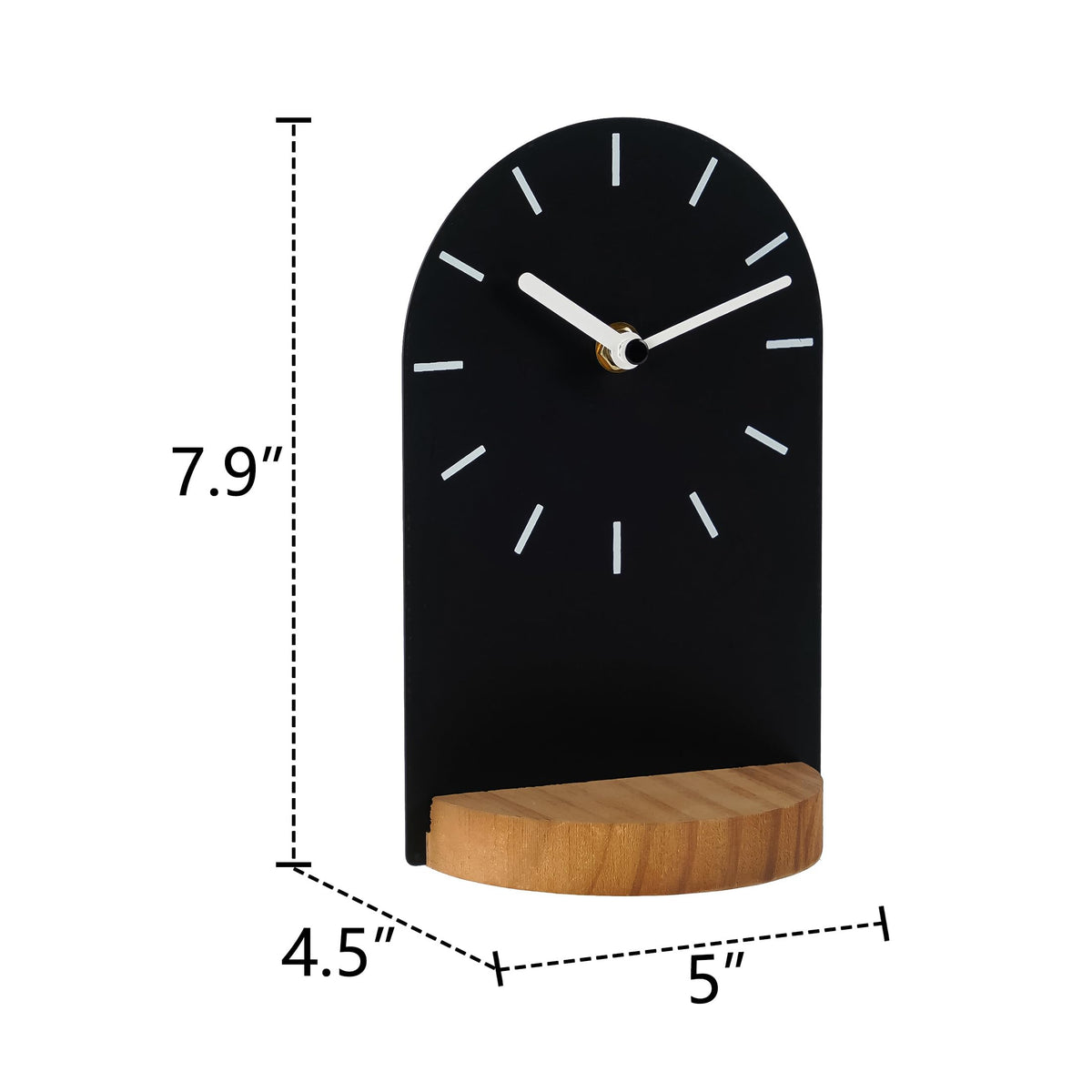 SOFFEE DESIGN One-Piece Table Clock Iron Sheet with Wooden Base Ins Style, Desktop Clock Non Ticking Battery Operated for Living Room Bedroom Home Decor, Black