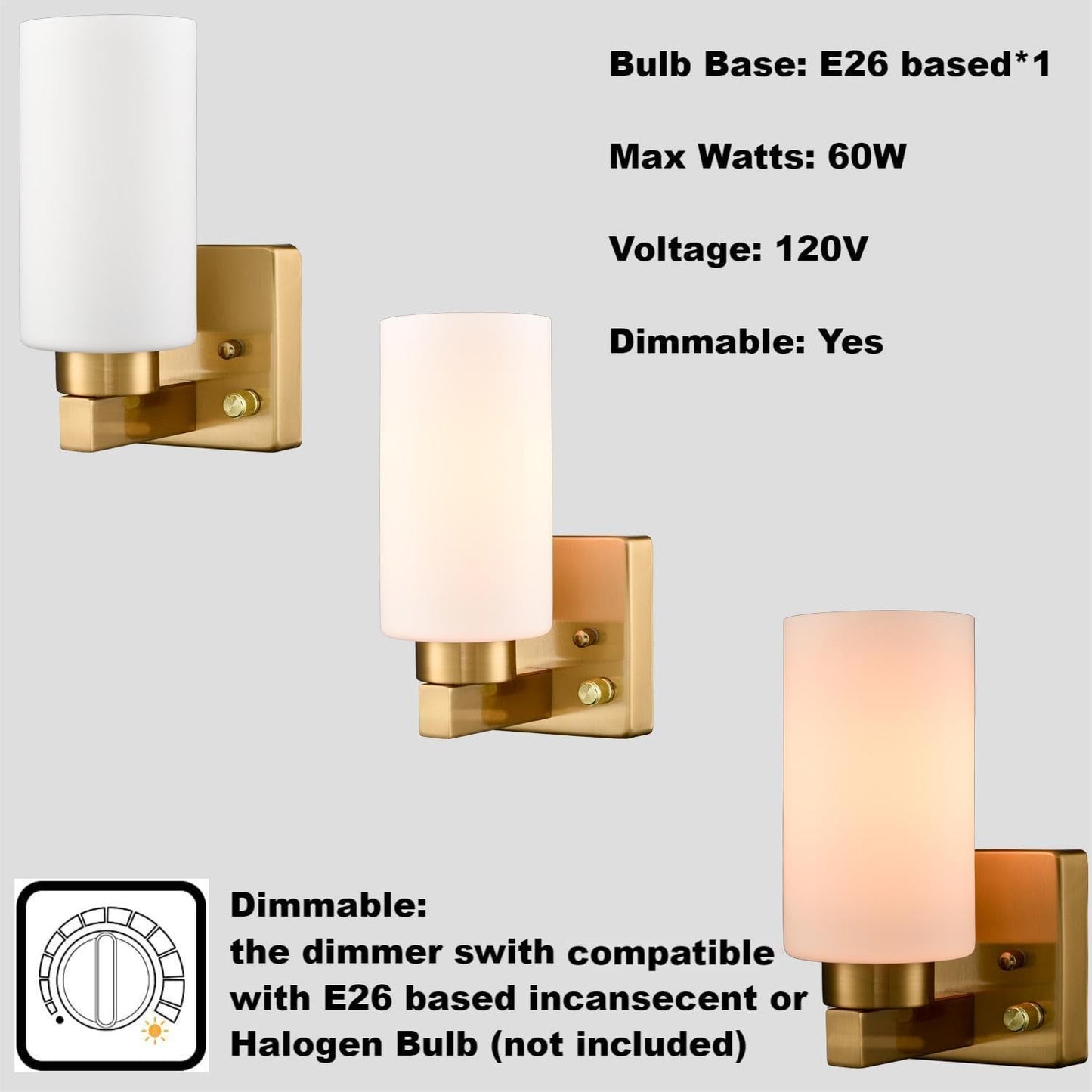 DEYNITE Modern Plug in & Hardwired Wall Sconce Brass Bathroom Vanity Light