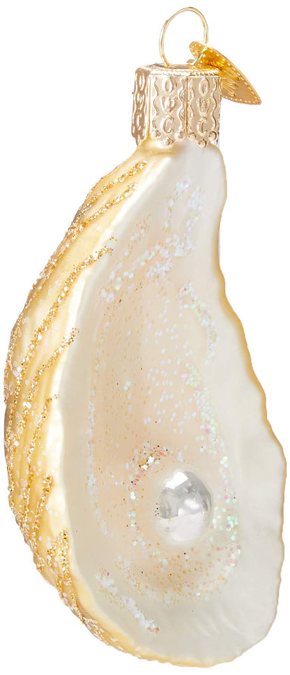 Old World Christmas Oyster with Pearl Glass Blown Ornament for Christmas Tree, Handcrafted Holiday Decoration, Seashell Collection