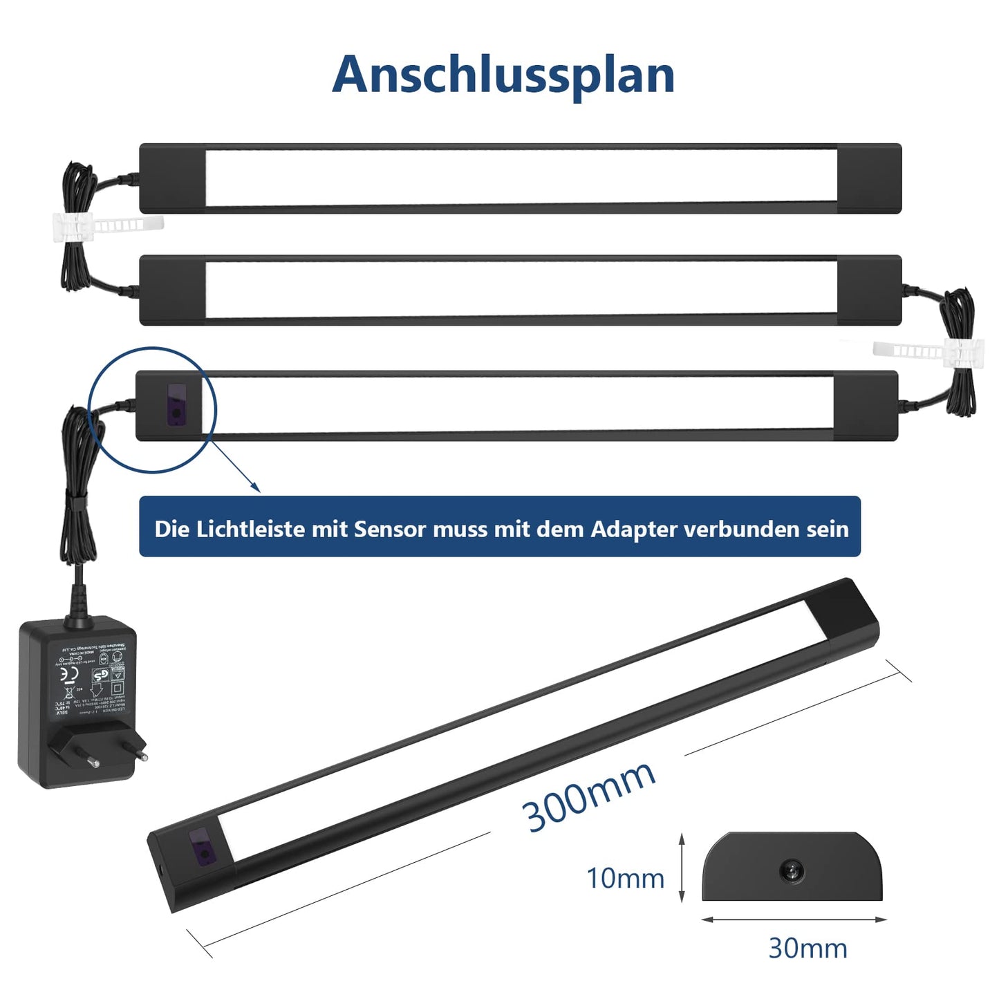 WOBANE Under-Unit Light Kitchen LED Dimmable, Hand Motion Activated, Bright Light Strip with Sensor, 3 x 30 cm LED Kitchen Lighting Under-Unit, Cool White Base Cabinet Lighting for Shelves, Wardrobe
