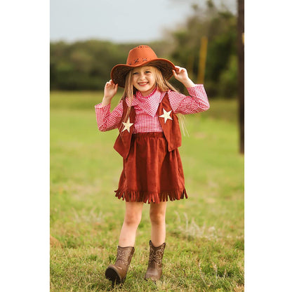 ReliBeauty Western Cowgirl Costume for Girls Funny Holiday Party Princess Dress Up Outfit for Kids Brown,7-8/140