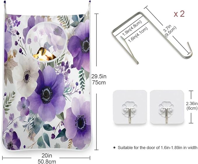 Purple and White Silver Lotus Flowers and Berries Hanging Laundry Hamper Door