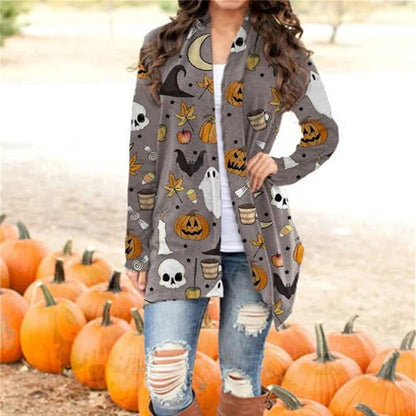 BOUTIKOME Women's Halloween Cat Pumpkin Cardigan Long Sleeve Open Front Knit Outwear Coat Plus Size Knitting Sweater Top(Gray, M)