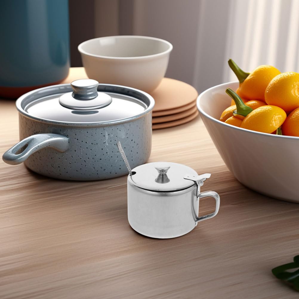DEARMAMY Stainless Steel Sugar Bowl Set with Lid and Spoon 3-Piece Sugar Container for Kitchen Countertop Storage Holds Salt Pepper Spice 3.93 X 3.14 X 2.67 in