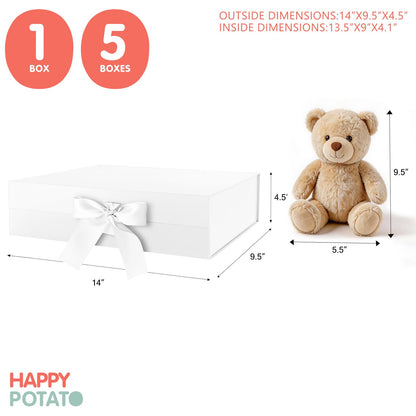 HAPPY POTATO 5 Large Gift Boxes with Lids and Ribbon 13.5x9x4.1 Inches, Bridesmaid Proposal Boxes, Magnetic White Gift Boxes for presents (Glossy White, Pack of 5)