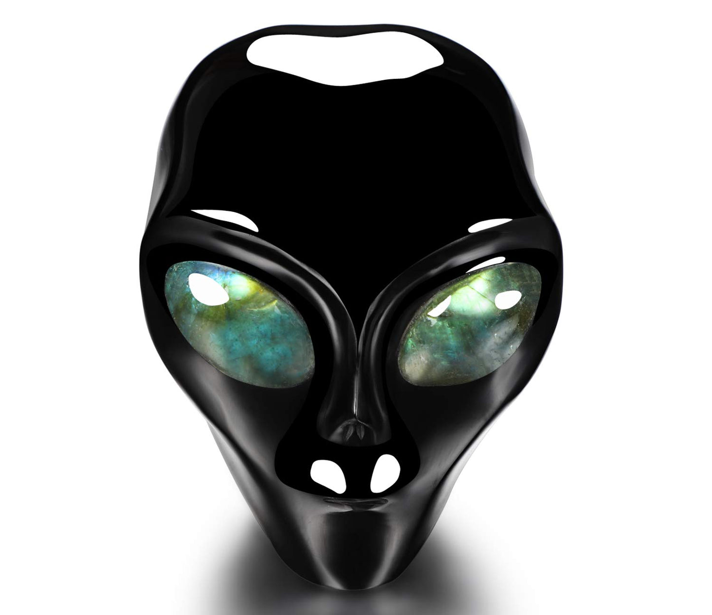 Skullis 3.0" Black Obsidian Star Being Female Alien Crystal Skull Companion with Labradorite Eyes, Hand Carved Gemstone Fine Art Sculpture, Reiki Healing Stone Statue