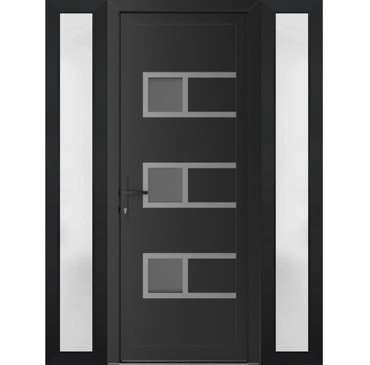 VDOMDOORS Front Exterior Prehung Metal-Plastic Door Frosted Glass | Manux 8933 Matte Black | 2 Side Sidelite Transoms | Residential Doors Entrance Patio Garage 60 x 80 (W14+32+14 x H80) Right-Inswing