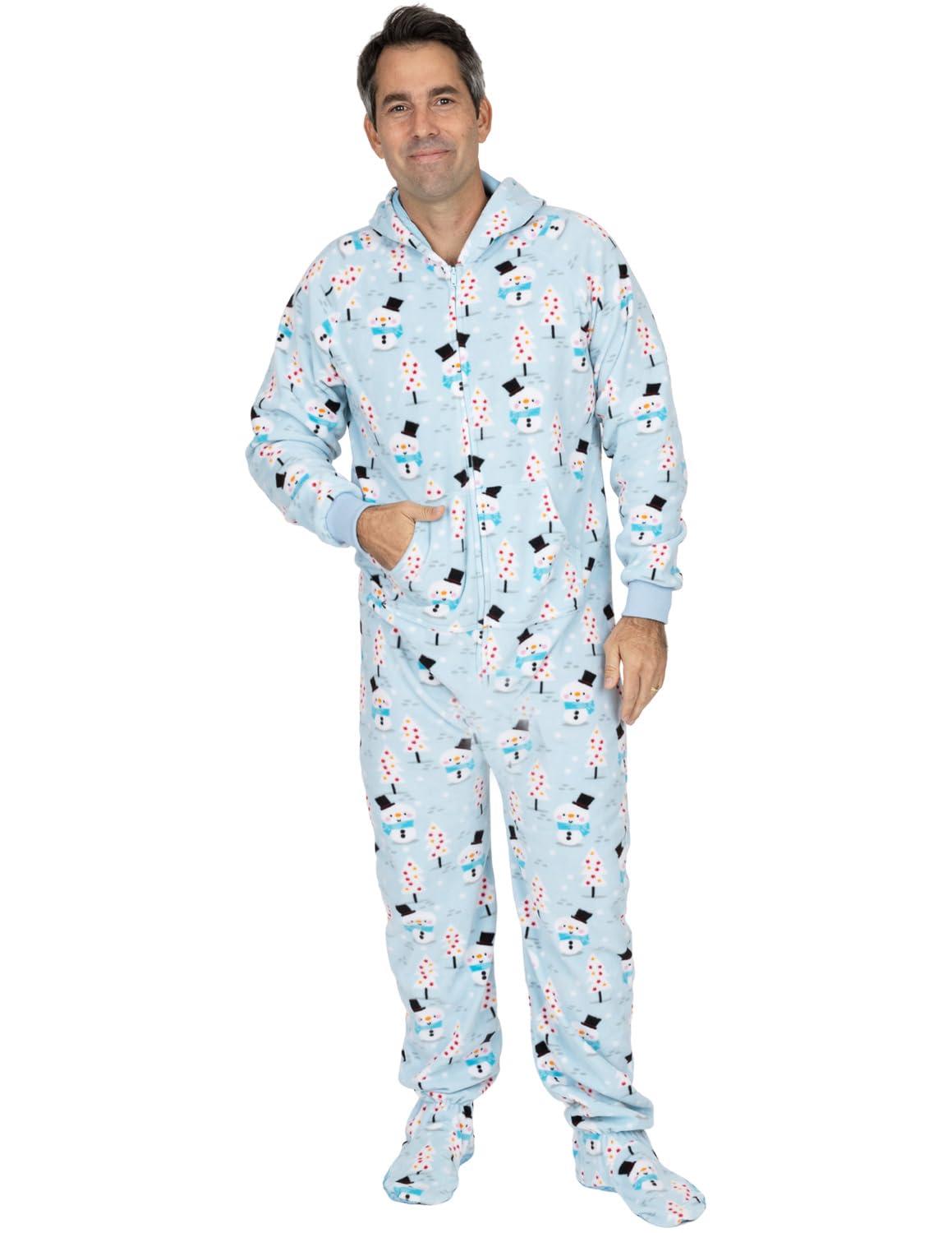 Frosty Winter Adult Hoodie Fleece One Piece - Footed Pajamas - Small Plus Size/Wide (Fits 5'3-5'6")