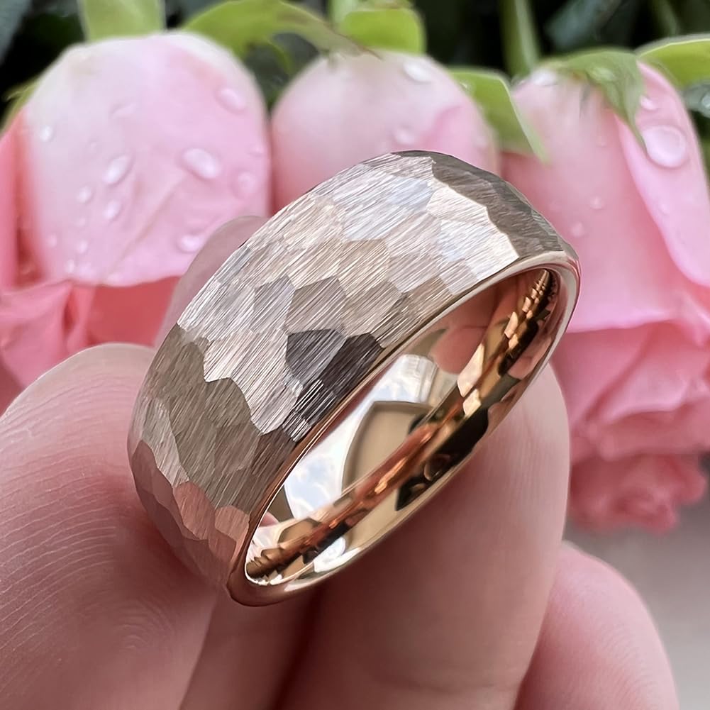 TUTISS 8mm Rose Gold Hammered Tungsten Rings for Men Women Engagement Wedding Bands Domed I Love You Engraved Comfort Fit Size 6
