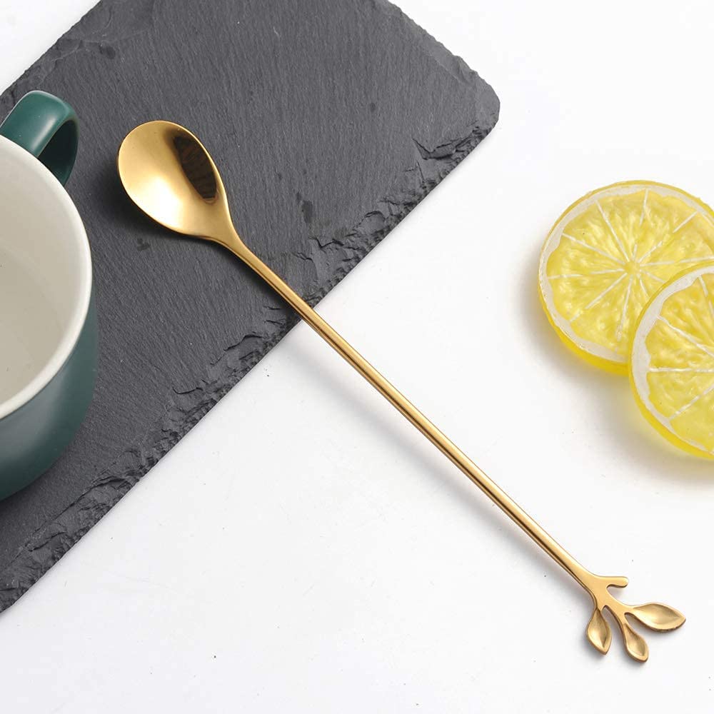 AnSaw 6-Piece Elegant Gold Leaf Long Handle Teaspoons - 7.4" Stainless Steel Stir Spoons for Coffee & Tea, Perfect for Mixing & Stirring