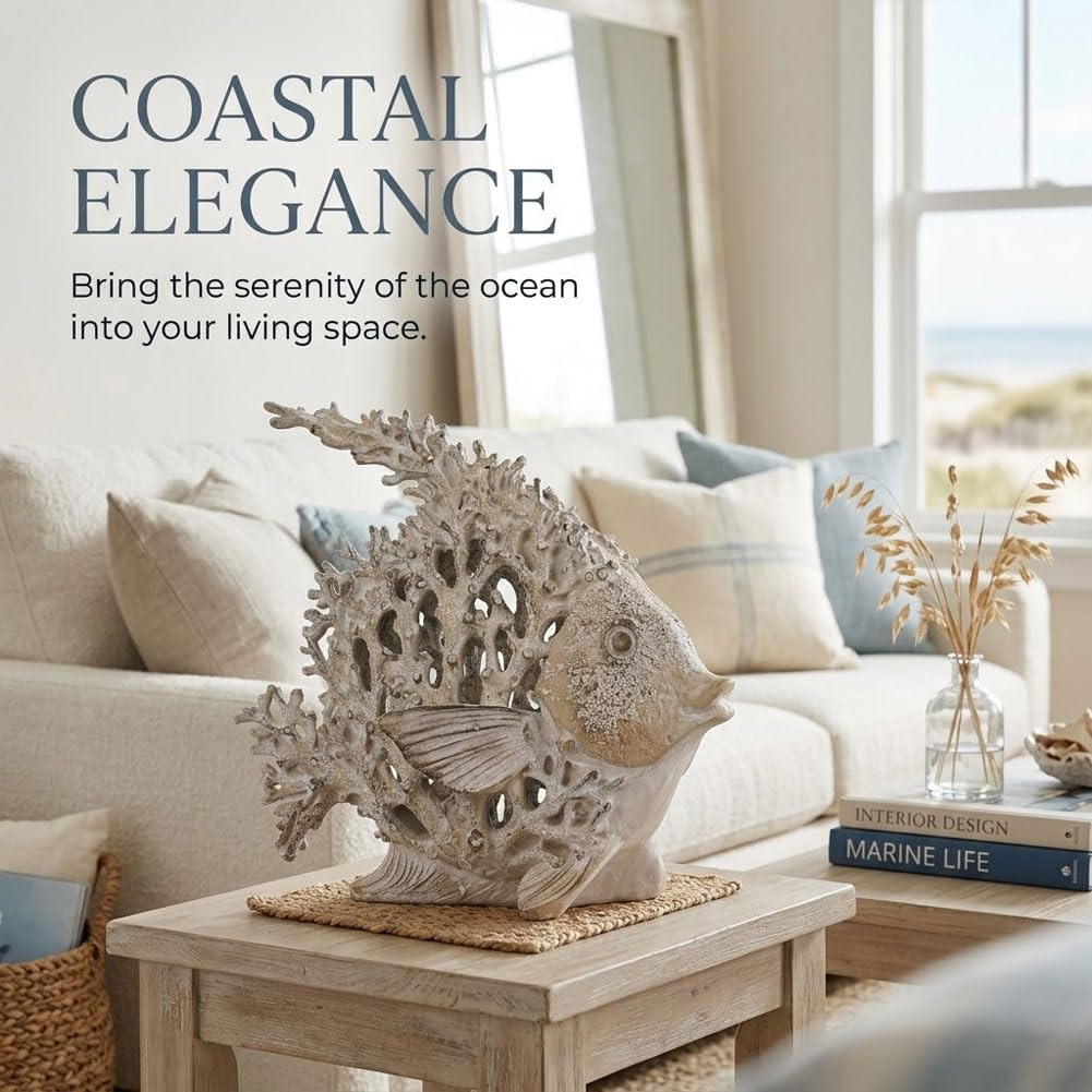 QIANLING Beach Coastal Decor Coral Reef Angelfish Figurines, Modern Nautical Decor Ocean Centerpieces for Living Room, Bathroom, Office, Coffee Table, Beach House, Seaside, Entrance, Shelf Decorative