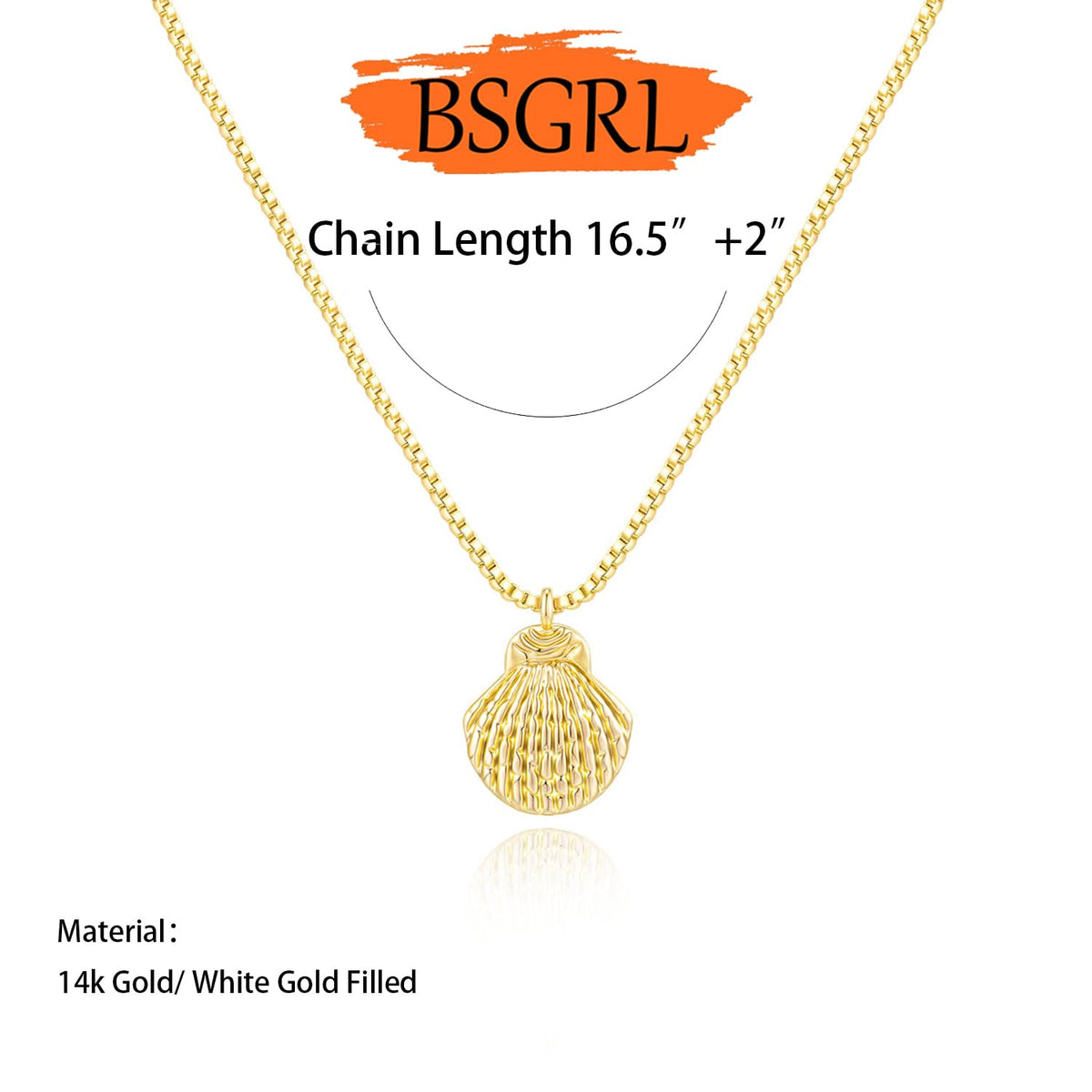 BSGRL Dainty Gold Necklace: 14K Gold Plated Shell Sea Beach Necklace for Women 16.5"+2"