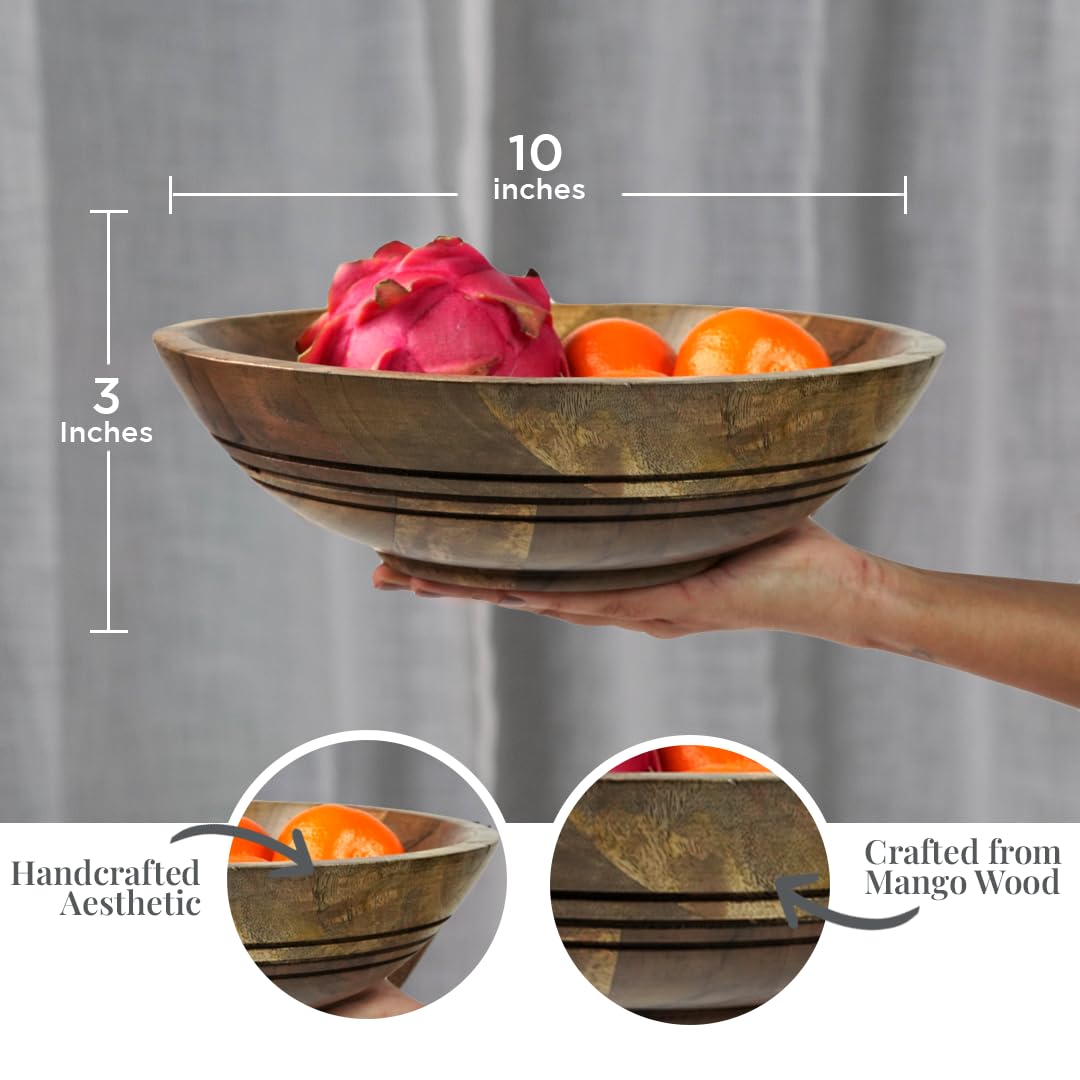 Folkulture Wooden Fruit Bowl for Kitchen Counter | 11" Large Premium Eco Friendly Banana Fruit Basket for Kitchen | Mango Wood Bowl, Black Fruit Bowl for Table Decor, Centerpiece for Dining