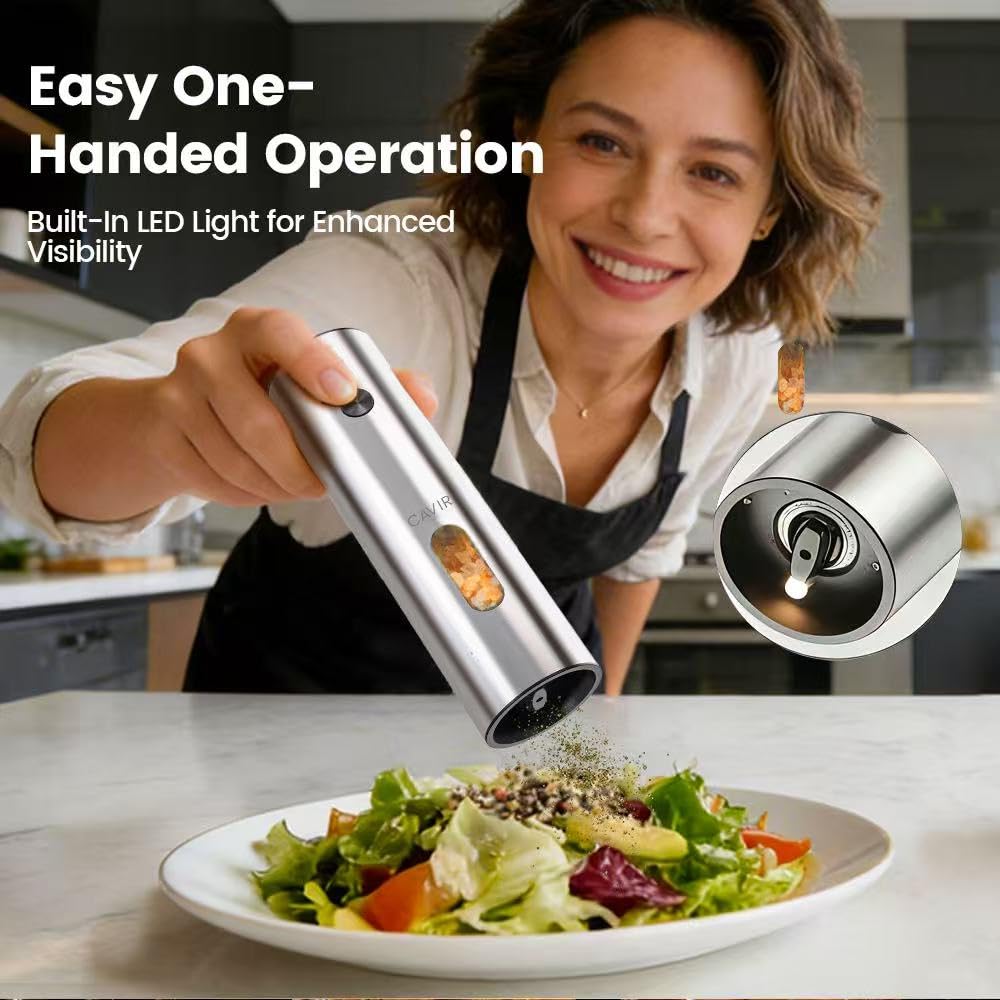 Cavir Electric Salt and Pepper Grinder Set with Charging Base,Upgraded Large Capacity, Automatic Salt and Pepper Mill Set LED light & 6-Level Adjustable Coarseness, Ideal for Home Kitchen BBQ