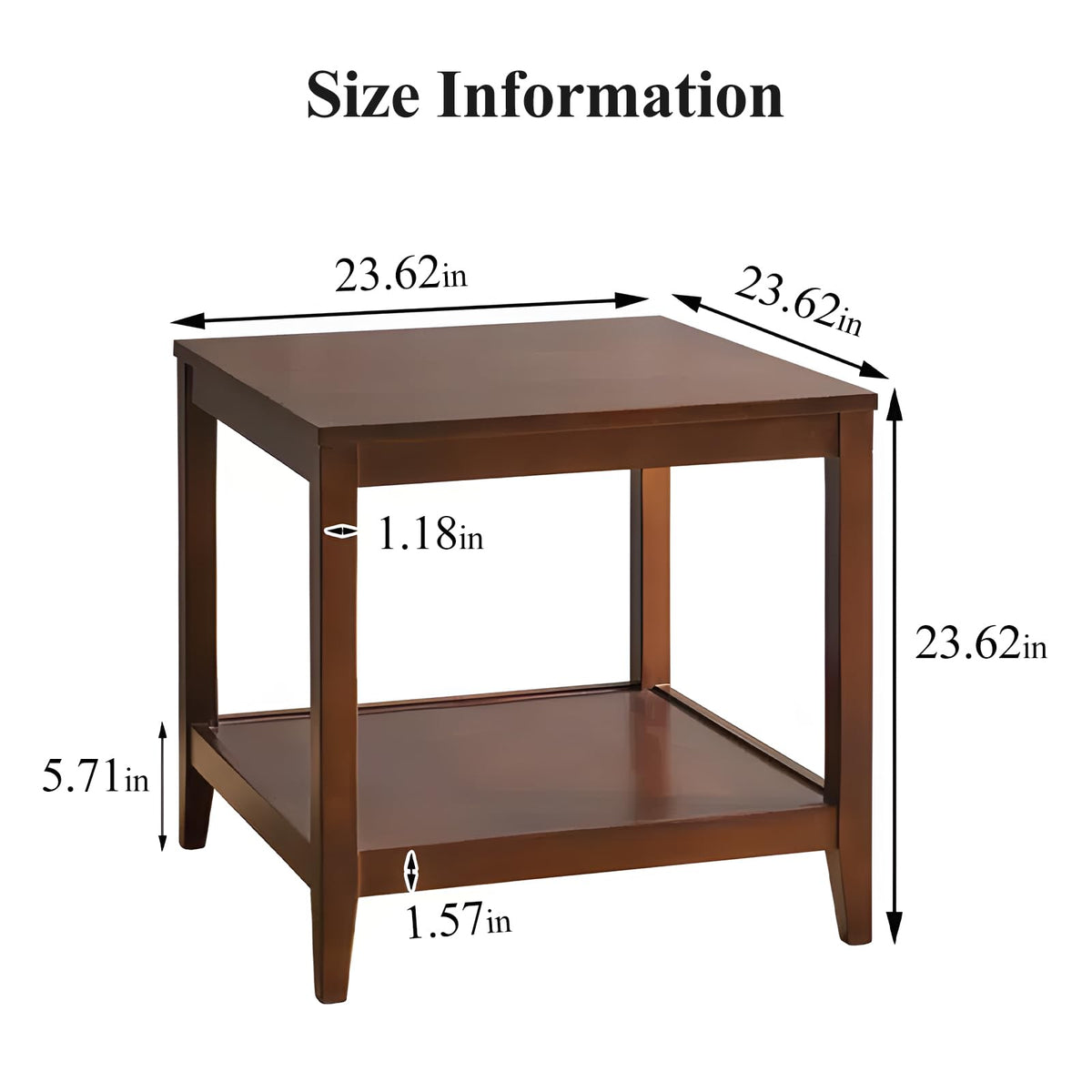 Cttasty Side Table, Solid Wood Square End Table with Storage Shelf, 2-Tier Coffee Table for Living Room, Rubber Wood Small Sofa Table, Nightstand 23.62 H x 23.62 W x 23.62 D Inches (Walnut)