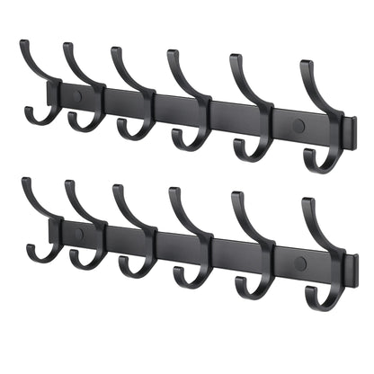 HOMENOVA Coat Rack 2 Pack Wall Mounted - 6 Double Hooks, Matte Black, Heavy Duty, Aeropace Grade Aluminum Alloy, Metal Coat Hook Hanger Entryway Bathroom (6 Double Hooks - 2 Pack)