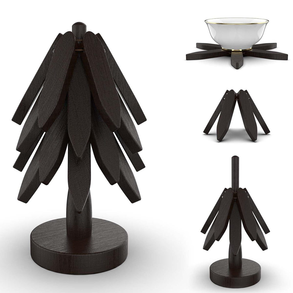 Wooden Trivets for Hot Dishes,Tree Shape Trivet Set, 4 Wooden Trivets+1 Stand, Natural FoldableKitchen Wooden Trivet for Hot Dishes、Pot、Bowl、Teapot、Hot Pot Holders (Black)