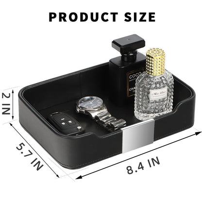 SANZIE Luxury Leather Tray Desktop Storage Catchall Organizer Decorative Tray for Entryway Table to Hold Jewelry Watch Keys Phone Wallet (Metal Silvered, Black)