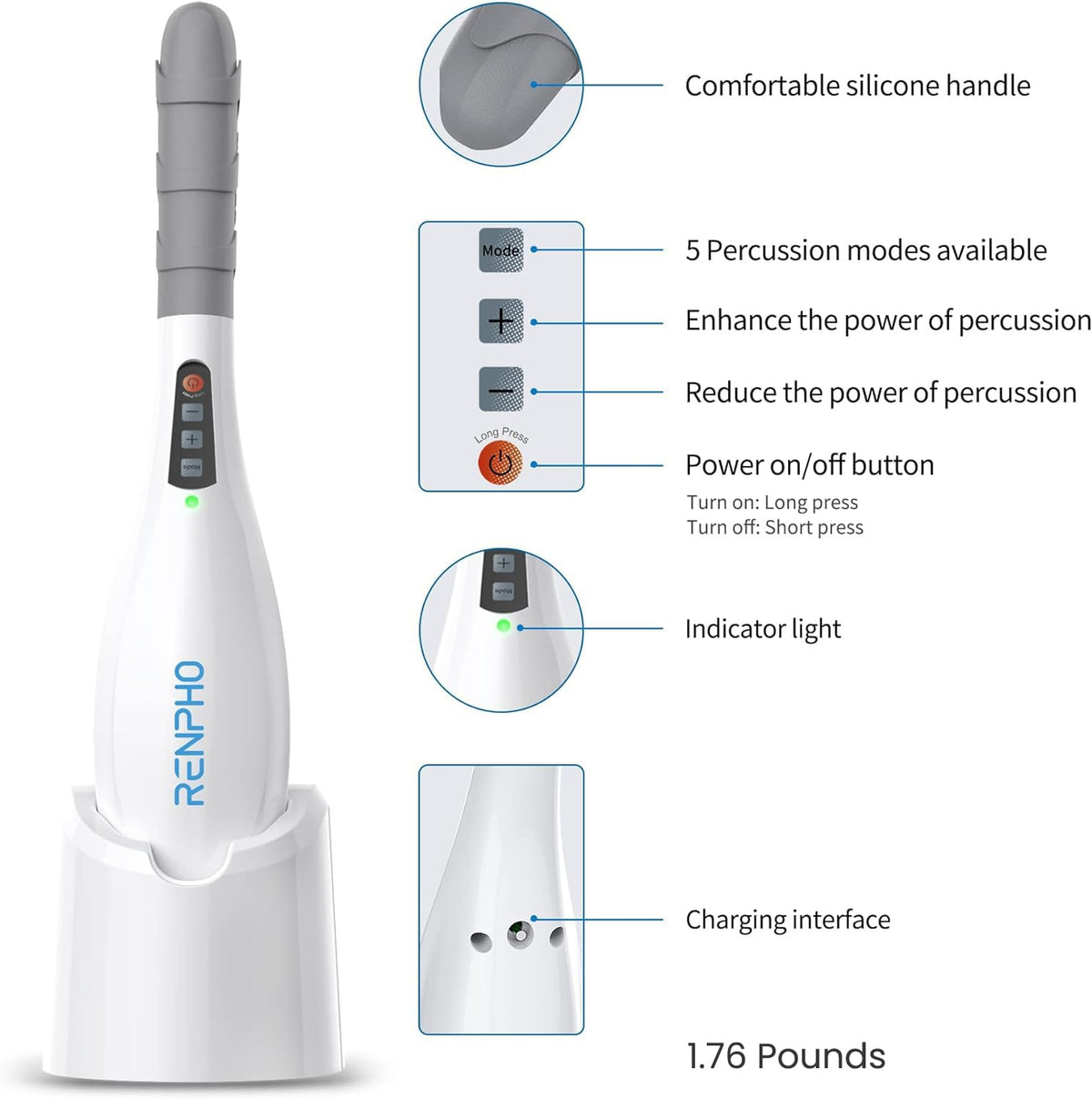 RENPHO Rechargeable Handheld Back Massager, Cordless Electric Neck Massage Tool for Shoulder, Foot, Leg, Calf, FSA & HSA Eligible, Gifts for Women and Men